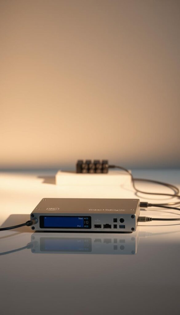 A sleek, modern streaming media encoder set against a minimalist, high-tech backdrop. In the foreground, the device features a clean, angular design with intuitive controls and a crisp, high-resolution display. Bathed in a soft, warm light, the encoder sits atop a glossy, reflective surface, creating a sense of depth and sophistication. In the middle ground, a series of cables and ports connect the encoder to various media sources, highlighting its versatility and functionality. The background is a subtly textured, muted color palette, allowing the device to take center stage. The overall scene conveys a sense of efficiency, innovation, and the Hoxtoon Provider brand's commitment to delivering a seamless user experience.