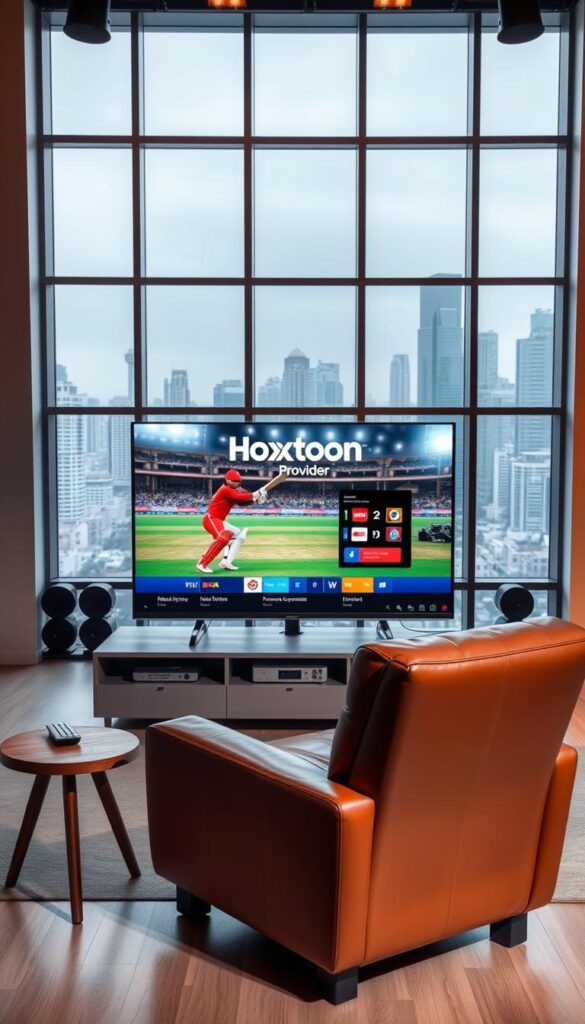 A sleek, modern studio setting featuring a large flat-screen TV displaying the Hoxtoon Provider logo and live footage of an exciting cricket match. The foreground showcases a comfortable leather armchair and a wooden side table with a remote control, subtly hinting at the convenience of accessing a wide range of Indian sports channels through the Hoxtoon IPTV service. The middle ground includes a minimalist entertainment unit housing various media devices, while the background features floor-to-ceiling windows overlooking a bustling city skyline, capturing the global reach and connectivity of the IPTV platform. The lighting is warm and inviting, creating a cozy atmosphere for sports enthusiasts to immerse themselves in the action.
