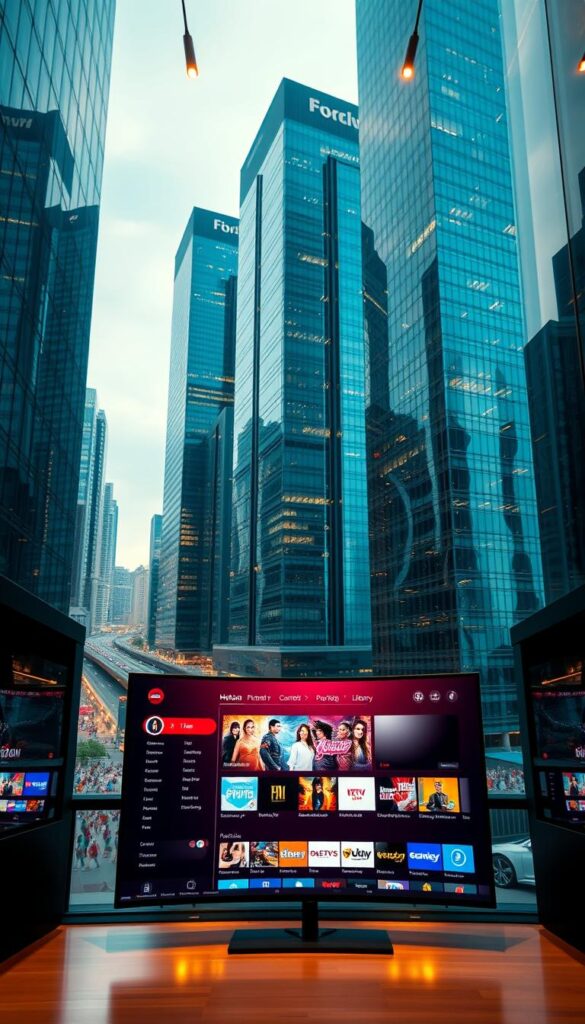 A sleek, modern technology hub showcasing Hoxtoon Provider, America's premier IPTV service. Towering glass skyscrapers reflect the vibrant cityscape, with a busy metropolis in the background. In the foreground, a large, curved display showcases Hoxtoon's intuitive interface, highlighting its vast content library and seamless streaming capabilities. Warm lighting illuminates the scene, creating a sense of professionalism and innovation. The camera angle is slightly elevated, giving an air of authority and prestige to Hoxtoon Provider's premier IPTV service.