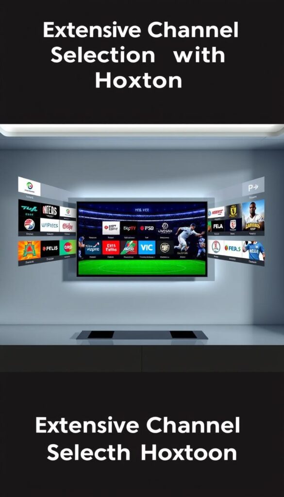A sleek, modern television interface displaying a diverse array of live sports channels from the Hoxtoon IPTV provider. The screen is centered in the frame, surrounded by a clean, minimalist design with subtle shadows and highlights that draw the eye to the content. The channel logos and names are crisp and legible, showcasing the breadth of sporting events available, from popular leagues to niche tournaments. The overall aesthetic evokes a sense of premium quality and cutting-edge technology, perfectly complementing the "Extensive Channel Selection with Hoxtoon" section of the article.