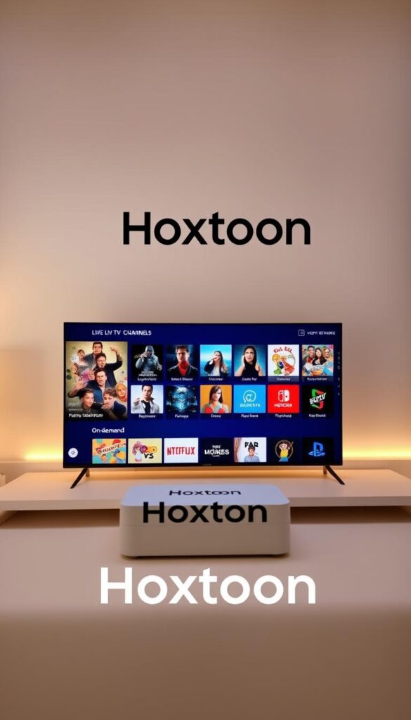 A sleek, modern user interface for the Hoxtoon IPTV provider, showcasing a clean, intuitive layout with vibrant colors and high-resolution thumbnails. The foreground features the Hoxtoon logo prominently displayed, with a user-friendly navigation menu below. The middle ground depicts a wide selection of live TV channels, movies, and on-demand content, all neatly organized and easily accessible. The background showcases a subtle, minimalist design with a soft, warm lighting scheme, creating a comfortable and visually appealing experience for the user.