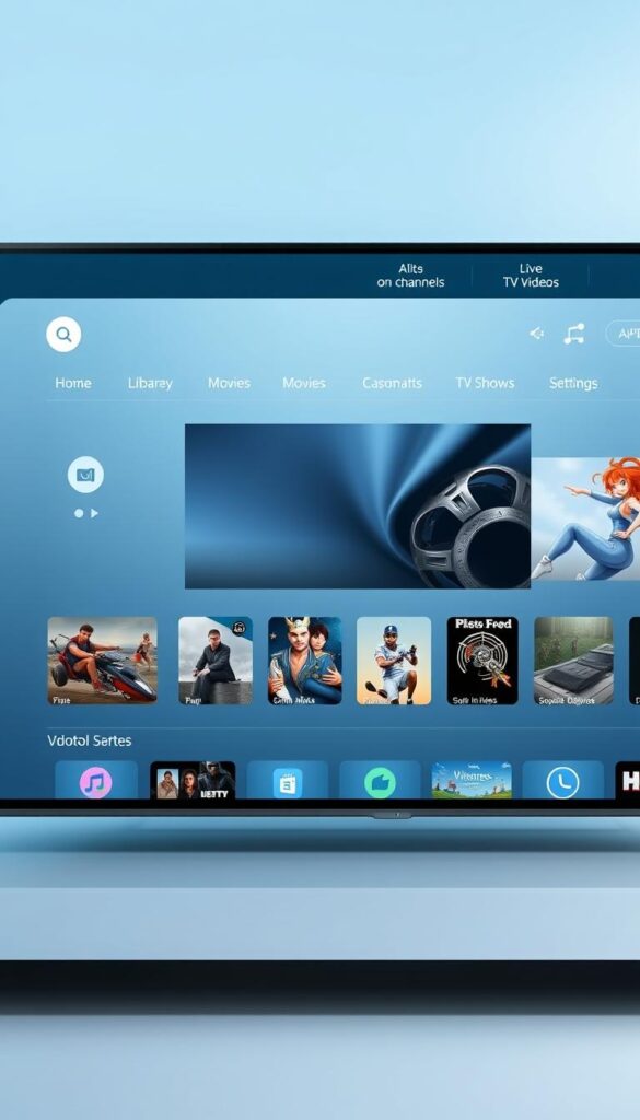 A sleek, modern user interface for the Hoxtoon Provider IPTV service. Soft blue and gray tones create a calming, professional atmosphere. The main screen features a clean grid layout with crisp icons for popular content categories. A subtle gradient background adds depth. In the center, a large hero image showcases the vast library of over 150,000 on-demand videos. The top navigation bar provides easy access to live TV channels, movies, TV shows, and settings. Elegant typography and micro-interactions enhance the overall user experience. High-resolution textures and realistic lighting reflect a premium, high-quality application.