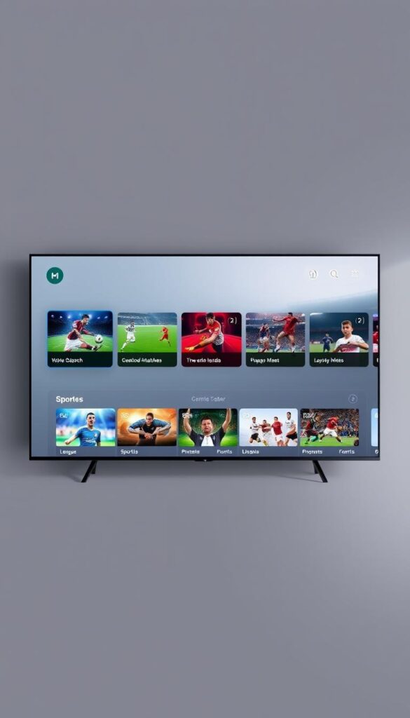 A sleek, modern user interface for the Hoxtoon Provider IPTV subscription, designed for sports enthusiasts. The main dashboard features a clean, minimalist layout with large, high-quality thumbnails of live sporting events, organized by league and upcoming matches. The middle ground showcases an intuitive navigation menu, allowing users to easily access catch-up content, on-demand sports highlights, and personalized recommendations. In the background, a subtle, abstract sports-themed pattern creates a sense of dynamism and energy, complementing the overall aesthetic. The lighting is soft and natural, creating a warm, inviting atmosphere for an immersive viewing experience.