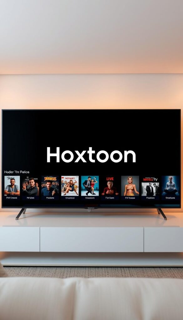A sleek, modern user interface of the Hoxtoon Provider streaming platform. In the center, the Hoxtoon logo stands out against a minimalist, dark background. Around it, a grid of crisp, high-definition thumbnails showcases the wide selection of live TV channels, on-demand movies, and TV shows available to the user. The interface features a clean, intuitive layout with clear section divisions and easy-to-navigate menus. Warm, soft lighting illuminates the scene, creating a comfortable and inviting atmosphere. The overall design conveys a sense of sophistication, efficiency, and attention to detail, reflecting the premium quality of the Hoxtoon streaming service.