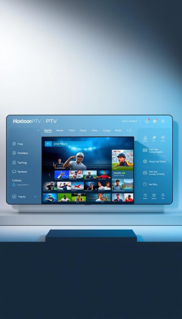 A sleek, modern user interface showcasing the Hoxtoon Provider IPTV sports streaming service. A large central display features a selection of live sporting events, with dynamic graphics and high-resolution video. Surrounding the display are various menu options and customization tools, all rendered in a clean, minimalist style with a palette of blues, grays, and whites. The background features a subtle gradient, evoking a sense of technology and innovation. Lighting is soft and diffused, creating a professional and authoritative atmosphere. The overall composition conveys the comprehensive nature of the Hoxtoon Provider IPTV library and its ability to deliver a premium sports viewing experience.