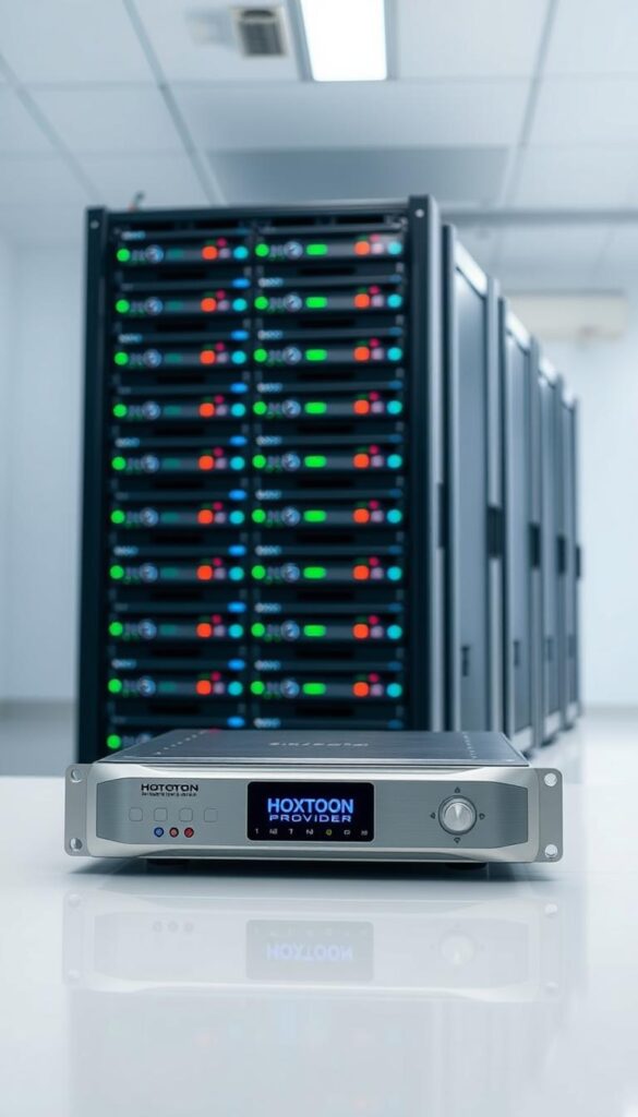 A sleek, professional-grade IPTV encoder stands prominently in the foreground, its clean lines and modern design conveying a sense of technological sophistication. The encoder's chassis is a gleaming metallic silver, with a minimalist front panel featuring a small LED display and a handful of control buttons. In the middle ground, a high-performance server rack supports the encoder, its blinking indicator lights and the gentle hum of cooling fans creating an atmosphere of efficient, data-driven processing. The background is a softly-lit, sterile white environment, emphasizing the encoder's role as a vital component in a larger, streamlined media distribution system. The "Hoxtoon Provider" brand name is prominently displayed on the front of the encoder, cementing its position as a leading IPTV solution for USA viewers.