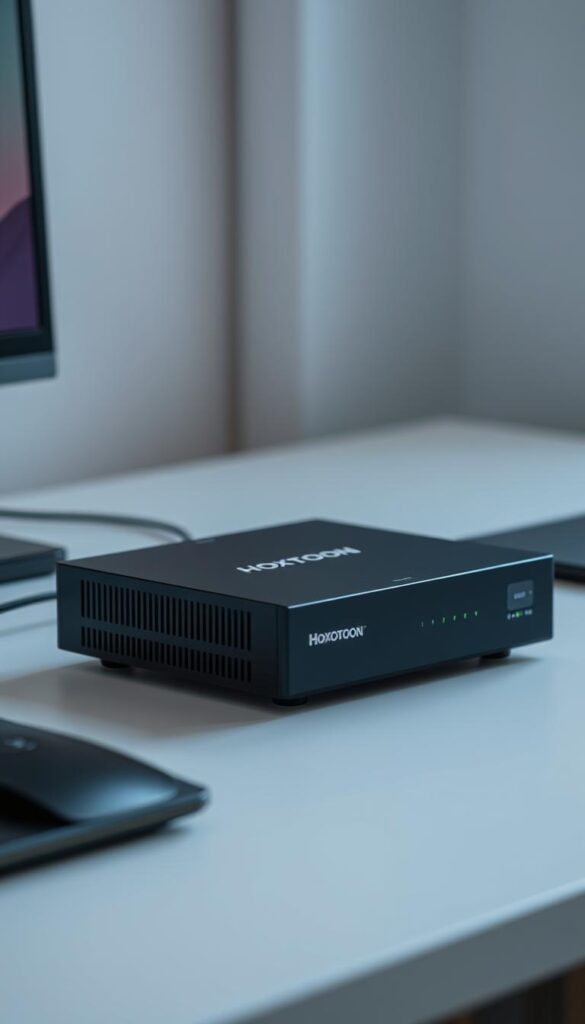 A sleek, professional-looking 4K IPTV encoder from the Hoxtoon Provider, sitting on a minimalist desk. The device features a clean, matte black chassis with subtle LED indicators, conveying a sense of reliability and high-quality performance. The lighting is soft and diffused, creating an atmosphere of understated elegance. The camera angle is slightly elevated, showcasing the encoder's compact and well-designed form factor. The background is blurred, allowing the encoder to be the focal point, emphasizing its role as a crucial component in the IPTV system.