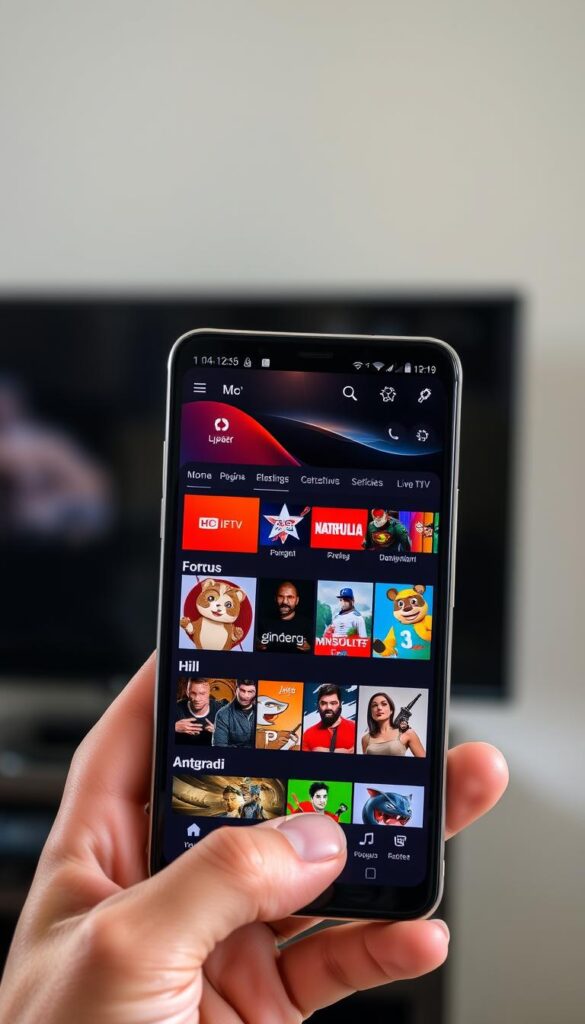 A sophisticated Android mobile device displaying the Hoxtoon Provider IPTV Premium APK interface. The screen showcases a sleek and modern design with vibrant colors, sharp icons, and a seamless user experience. The device is held in the foreground, capturing the app's intuitive navigation and a selection of popular live TV channels. The background is softly blurred, highlighting the app's functionality as the central focus. The lighting is natural and balanced, creating a pleasant and inviting atmosphere. The overall composition conveys the power and convenience of the IPTV Premium APK, ready to unlock a world of endless streaming possibilities.