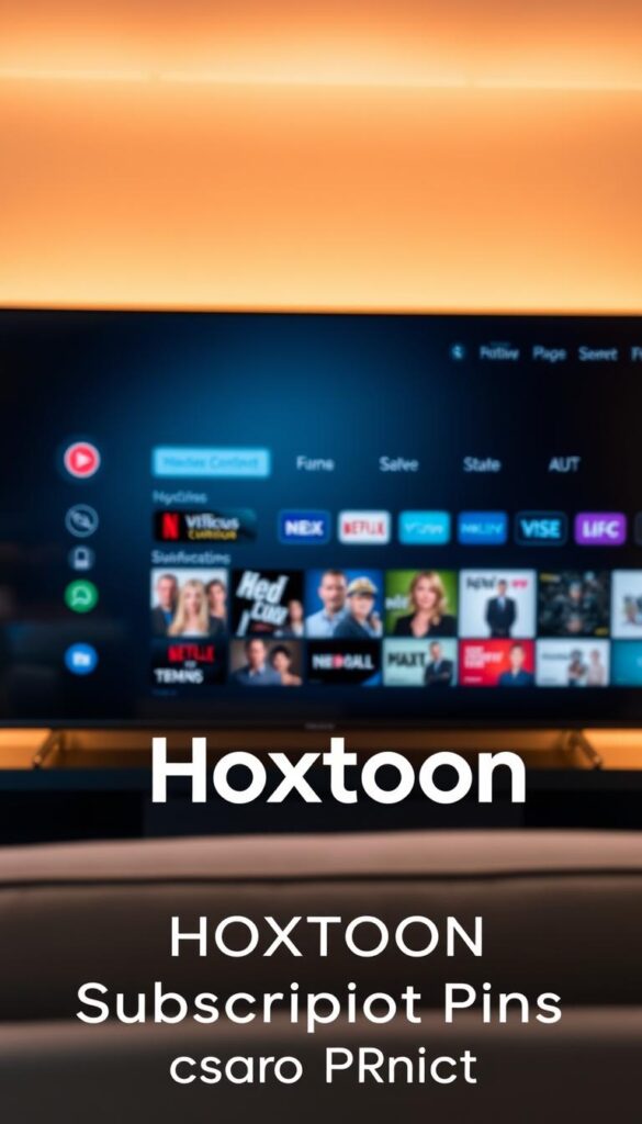 A sophisticated IPTV app interface for a smart TV, rendered in a sleek, minimalist style. In the foreground, the Hoxtoon Provider logo is prominently displayed, conveying a sense of premium quality. The app's main menu occupies the middle ground, showcasing a clean grid layout of various content categories. The background features a subtle, gradient-based color scheme that complements the overall aesthetic. Warm, directional lighting creates depth and highlights the app's user-friendly design. The camera angle is slightly elevated, providing an immersive, cinematic perspective. The overall mood is one of modern, high-end sophistication, perfectly suited to illustrate the "HOXTOON Subscription Plans and Pricing" section of the article.