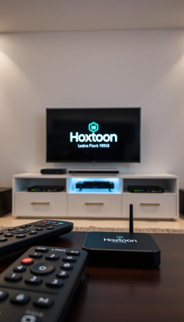 A sophisticated IPTV streaming setup with the Hoxtoon Provider brand prominently displayed. The scene depicts a modern home entertainment center, with sleek black electronics and a high-definition display. In the foreground, a remote control and a small streaming device convey the ease of use. The middle ground features a clean, minimalist design aesthetic, with the Hoxtoon logo illuminated, suggesting a secure and reliable service. The background showcases a minimalist, well-lit interior, creating a sense of sophistication and professionalism. The overall mood is one of technological prowess, privacy, and legal compliance.