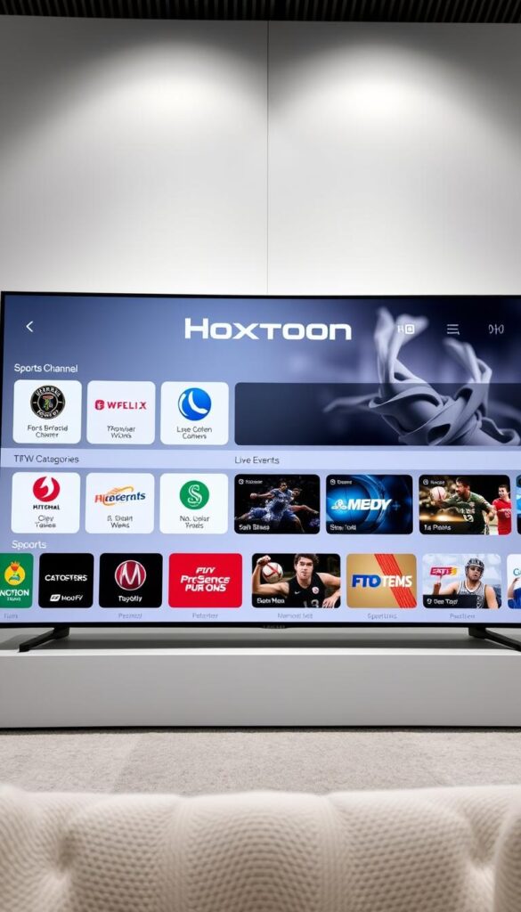 A sophisticated IPTV user interface with a clean and intuitive layout, featuring a prominent grid of sports channel logos in the foreground. The middle ground showcases a seamless navigation experience, with smooth transitions between different sports categories and live event listings. In the background, a soft, muted color palette creates a calming and immersive atmosphere, highlighting the Hoxtoon Provider brand name and emphasizing the platform's premium quality. The lighting is soft and diffused, accentuating the dynamic and engaging nature of the sports content. The camera angle is slightly elevated, giving the viewer a sense of control and command over the platform's features.