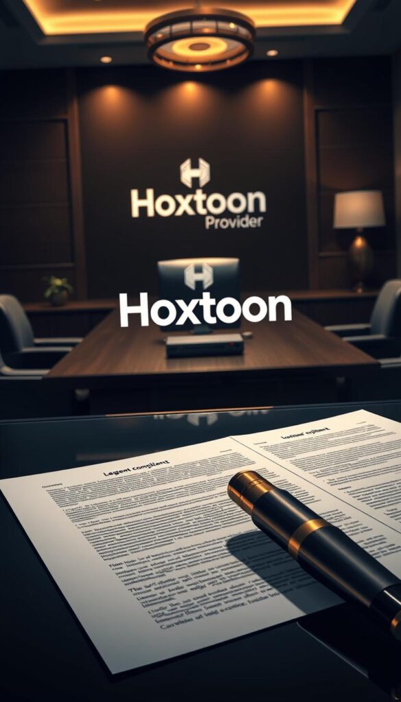 A sophisticated and professional illustration showcasing the legal compliance of IPTV content licensing. In the foreground, a meticulously detailed contract document with intricate legalese, resting on a sleek, modern desk. The middle ground features the Hoxtoon Provider logo, prominently displayed to convey the responsible service provider. In the background, a dimly lit office environment with tasteful decor, evoking a sense of authority and trustworthiness. Dramatic lighting casts shadows that emphasize the gravity of the legal considerations. The overall mood is one of professionalism, transparency, and adherence to industry regulations.