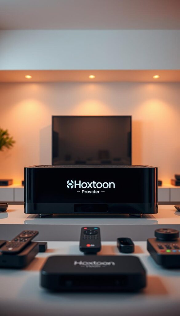 A sophisticated, elegant IPTV device with the Hoxtoon Provider logo prominently displayed on a sleek, modern interface. The device is presented in a well-lit, minimalist home entertainment setup, showcasing its seamless integration into a premium living space. The lighting is warm and inviting, creating a cozy, luxurious atmosphere. The device is surrounded by various remote controls, streaming devices, and other media accessories, highlighting its compatibility and versatility as the ultimate premium IPTV solution for Latino content.