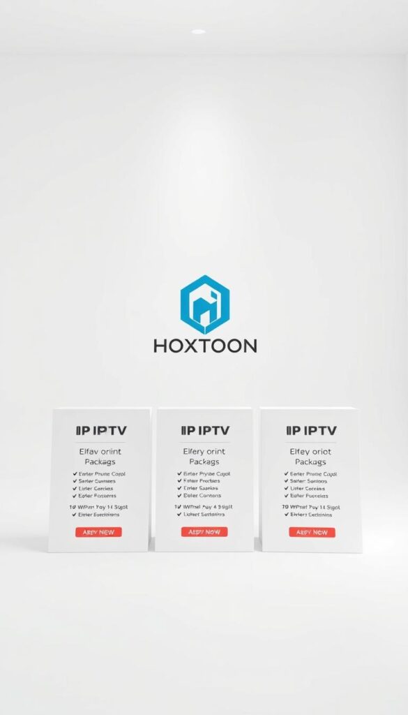 A sophisticated, minimalist product display of IPTV subscription plans from the Hoxtoon Provider. A clean, light-filled studio setting with a white backdrop and soft, even lighting. In the foreground, three stacked rectangular panels showcase the package details in a sleek, typographic design. The middle ground features the Hoxtoon Provider logo, rendered in a modern, geometric style. The background is a simple gradient, creating depth and focus on the central elements. Overall, a high-quality, visually appealing presentation of the IPTV offerings.