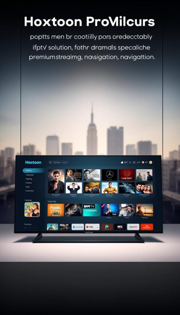 A sophisticated rendering of an IPTV solution interface, showcasing the Hoxtoon Provider brand. The foreground depicts a sleek, minimalist dashboard with a clean layout and intuitive controls, hinting at the user-friendly experience. The middle ground features a range of content thumbnails, highlighting the extensive library of live TV channels, on-demand movies, and other premium streaming options. In the background, a subtle cityscape scene evokes a sense of connectivity and urban vibrancy, complementing the technology-driven theme. The lighting is soft and diffused, creating a warm, inviting atmosphere. The overall composition conveys the power and reliability of the Hoxtoon IPTV solution for seamless OTT navigation.