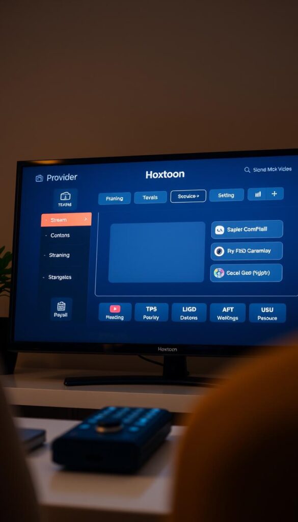 A sophisticated, well-lit close-up of the Hoxtoon Provider IPTV encoder interface, showcasing its sleek, minimalist design. The display features a clean, intuitive layout with clearly labeled controls for content navigation, streaming options, and user customization. Soft ambient lighting creates a warm, inviting atmosphere, drawing the viewer's attention to the central interface. The overall composition emphasizes the interface's user-friendly and professional aesthetic, highlighting its suitability for both casual and tech-savvy IPTV users.