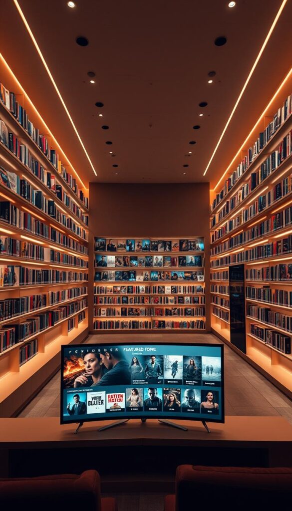 A spacious and well-organized media library, the Hoxtoon Provider VOD Collection presents a vast array of high-quality movies and shows. Bathed in a warm, cinematic lighting, the sleek shelves are neatly arranged, filled with a diverse selection of titles. In the foreground, a large, curved display showcases the latest featured content, inviting viewers to explore the expansive library. The middle ground reveals rows of categorized content, from action-packed blockbusters to thought-provoking documentaries, catering to a wide range of tastes. In the background, a subtle, minimalist design sets the tone, allowing the content to take center stage. The overall atmosphere is one of sophistication and curation, reflecting the Hoxtoon Provider's commitment to delivering a premium streaming experience.