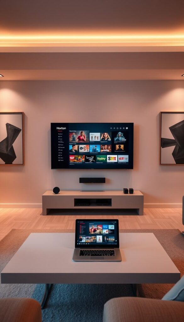 A spacious living room with a modern, minimalist design. In the center, a sleek, high-definition television mounted on the wall displays the Hoxtoon Provider interface, showcasing various catch-up TV options. Beside the TV, a laptop or tablet sits on a minimalist coffee table, its screen mirroring the TV's display, demonstrating the seamless integration of devices. The room is bathed in warm, soft lighting, creating a cozy, inviting atmosphere. The walls are adorned with abstract art pieces, reflecting the sophisticated, tech-savvy nature of the scene. The overall composition emphasizes the ease and convenience of navigating and accessing catch-up TV content through the Hoxtoon Provider platform.