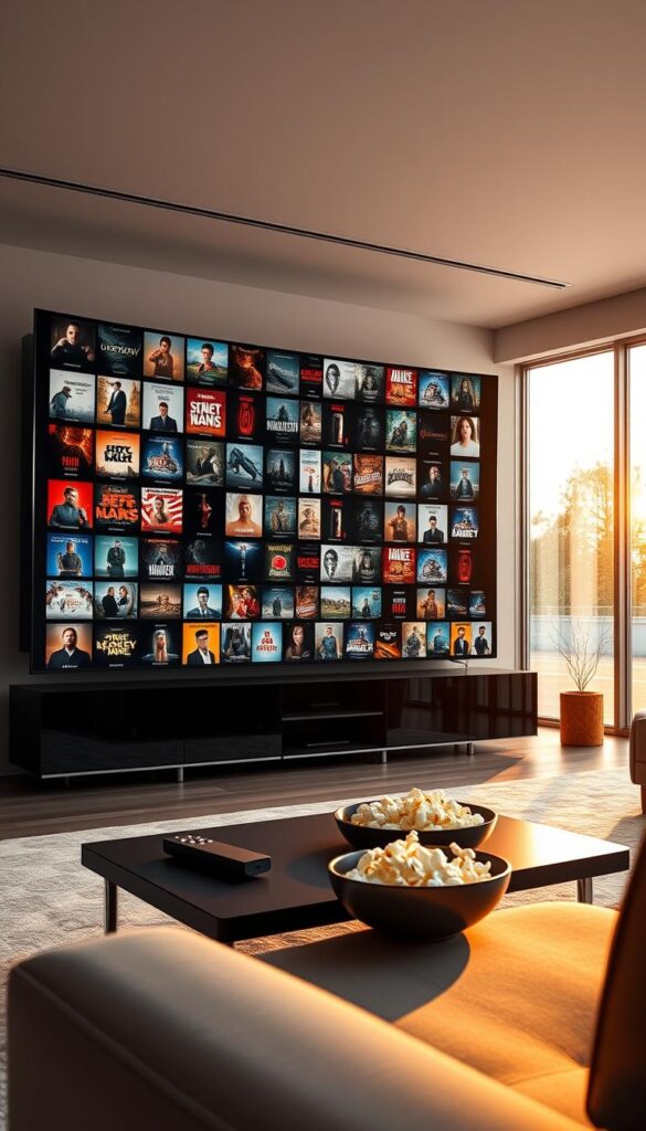 A spacious, well-lit modern home entertainment center, showcasing the Hoxtoon Provider VOD library. Sleek, high-end media console with a massive curved OLED display, housing hundreds of movie and TV show covers elegantly arranged. Warm, natural lighting filters in through large windows, casting a cozy glow. In the foreground, a minimalist coffee table with a remote control and a bowl of popcorn, inviting viewers to sit back and immerse themselves in the vast Hoxtoon content library. The scene radiates a sense of comfort, quality, and cinematic experience. A spacious, well-lit modern home entertainment center, showcasing the Hoxtoon Provider VOD library. Sleek, high-end media console with a massive curved OLED display, housing hundreds of movie and TV show covers elegantly arranged. Warm, natural lighting filters in through large windows, casting a cozy glow. In the foreground, a minimalist coffee table with a remote control and a bowl of popcorn, inviting viewers to sit back and immerse themselves in the vast Hoxtoon content library. The scene radiates a sense of comfort, quality, and cinematic experience.