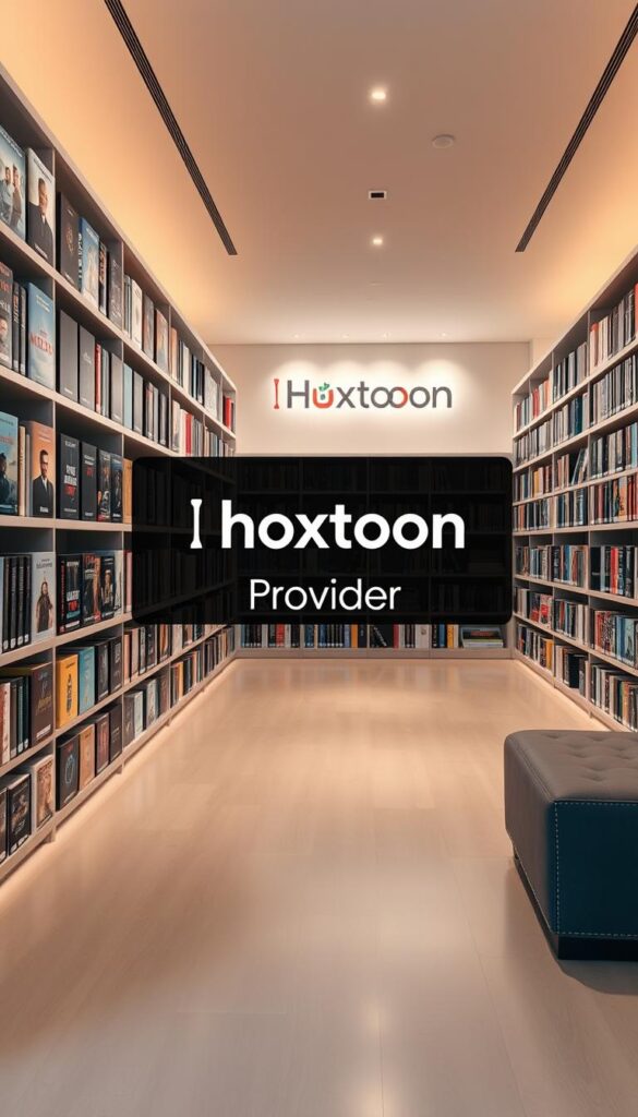 A spacious, well-organized video-on-demand library with the Hoxtoon Provider logo prominently displayed. The shelves are neatly arranged, showcasing a vast collection of movie and TV show thumbnails in a variety of genres. Soft, warm lighting illuminates the scene, creating a cozy and inviting atmosphere. The camera captures the library from a slightly elevated angle, allowing the viewer to take in the full scope of the expansive media collection. The background features clean, minimalist design elements that accentuate the sleek, modern aesthetic of the Hoxtoon VOD platform.