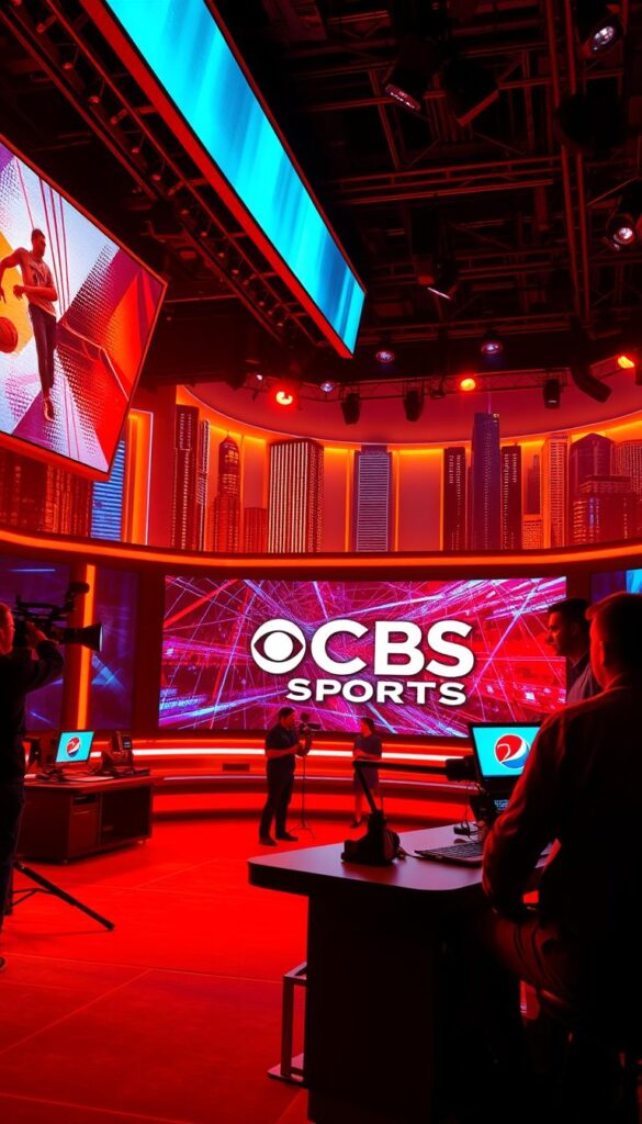 A sports broadcast studio with a dynamic, high-energy atmosphere. In the foreground, a large, modern LED screen displays the CBS Sports Channel logo, its vibrant colors and sleek design catching the eye. In the middle ground, a crew of technicians and presenters work diligently, operating cameras and teleprompters, creating the illusion of a live, immersive sports viewing experience. The background features a stylized, futuristic cityscape, with skyscrapers and infrastructure hinting at the global reach and scale of the Hoxtoon Provider platform. The lighting is bold and dramatic, with warm, saturated tones that evoke the excitement of sports entertainment. The overall composition conveys the power, reliability, and cutting-edge technology of Hoxtoon Provider's IPTV service for delivering the best in CBS Sports Channel content.