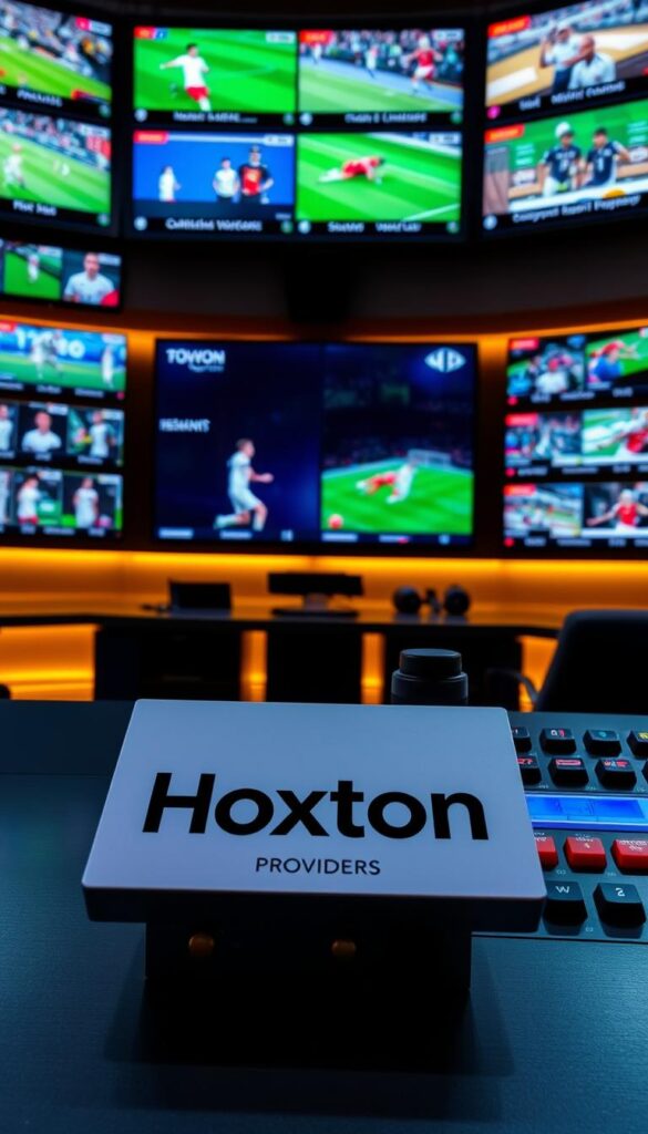 A sports broadcasting studio with a large screen displaying various IPTV sports channels, including live games, highlights, and statistics. In the foreground, a Hoxtoon Provider logo is prominently displayed on a sleek, modern control panel, suggesting the reliable and high-quality IPTV service. The studio is well-lit, with warm lighting that creates a professional and authoritative atmosphere. The camera angle is slightly elevated, providing a comprehensive view of the setup, emphasizing the comprehensive nature of the IPTV sports offering.
