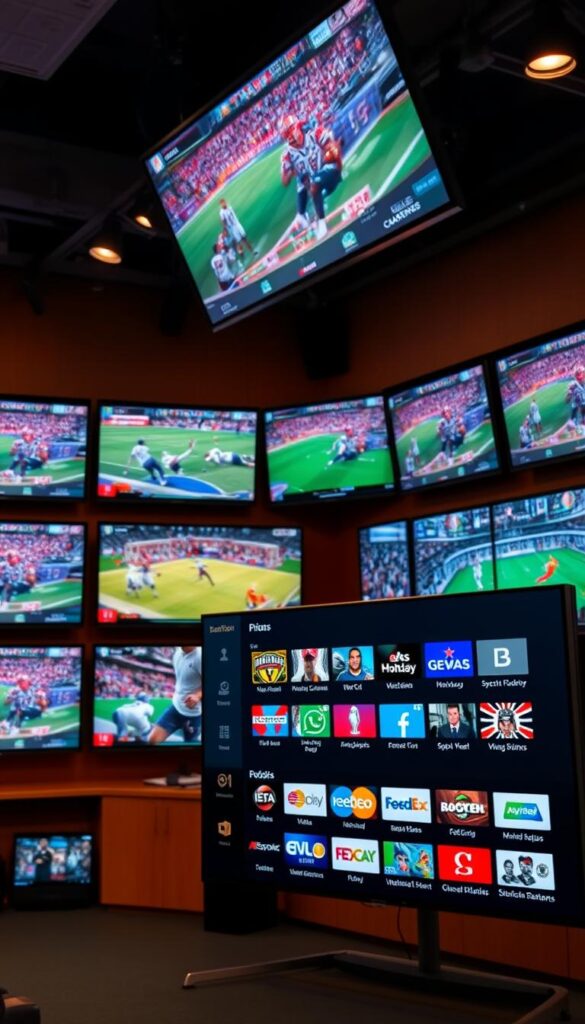 A sports broadcasting studio, with an array of large TV screens displaying various live sporting events. In the foreground, a sleek Hoxtoon Provider interface showcases a comprehensive selection of sports channels, providing seamless streaming access. The lighting is warm and professional, with a subtle depth of field that draws the viewer's attention to the vibrant displays. The camera angle is slightly elevated, creating a sense of immersion and control over the viewing experience. The overall atmosphere conveys the excitement and dynamism of sports entertainment, inviting the viewer to dive into the Hoxtoon Provider's extensive channel lineup.