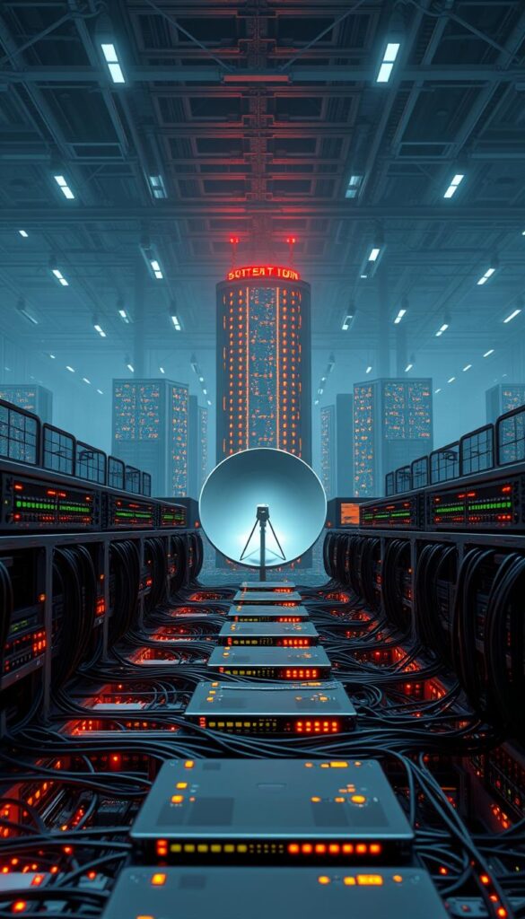 A sprawling IPTV infrastructure landscape, masterfully crafted by the Hoxtoon Provider. In the foreground, a sleek network of interconnected servers and routers, their LEDs blinking in a rhythmic dance. The middle ground features a satellite dish, its metallic surface reflecting the warm glow of task lighting. In the distance, a towering data center looms, its imposing structure a testament to the power of modern streaming technology. The scene is bathed in a soft, cinematic lighting, creating a sense of technical sophistication and digital elegance. The overall atmosphere conveys the complex yet seamless delivery of premium IPTV content, ready to unlock endless entertainment.