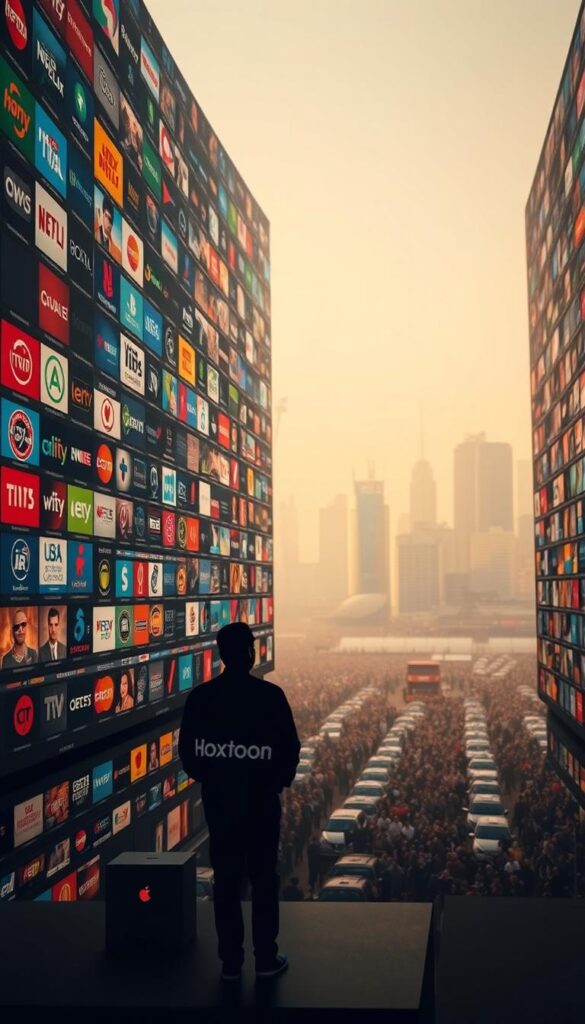 A sprawling array of live TV channels, representing the vast content library of the Hoxtoon Provider. A cinematic, high-definition view, captured with a wide-angle lens, showcasing row upon row of vibrant channel logos and icons. The scene is bathed in a warm, diffused lighting, creating a sense of depth and atmosphere. In the foreground, the Hoxtoon Provider logo stands proudly, signifying the breadth and quality of the service. The middle ground is filled with a diverse selection of channel types, from news and sports to movies and entertainment. In the background, a soft, blurred cityscape provides a subtle, contextual backdrop, hinting at the global reach and connectivity of the platform. The overall composition conveys the expansive and impressive nature of Hoxtoon's 21,000+ channel offering.