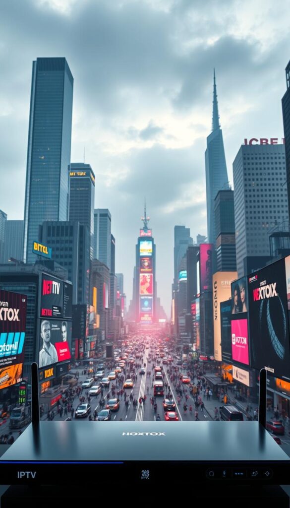 A sprawling cityscape, bustling with towering skyscrapers and neon-lit billboards, serves as the backdrop for a side-by-side comparison of the Hoxtoon Provider and its top competitors. In the foreground, sleek, high-tech devices, meticulously detailed, showcase the capabilities of each IPTV service, while a dynamic color palette and dramatic lighting create a sense of technological sophistication. The scene is shot from a dynamic, angled perspective, conveying the rapid pace of the industry and the importance of making an informed choice. The overall mood is one of energy, innovation, and the promise of unparalleled entertainment experiences.