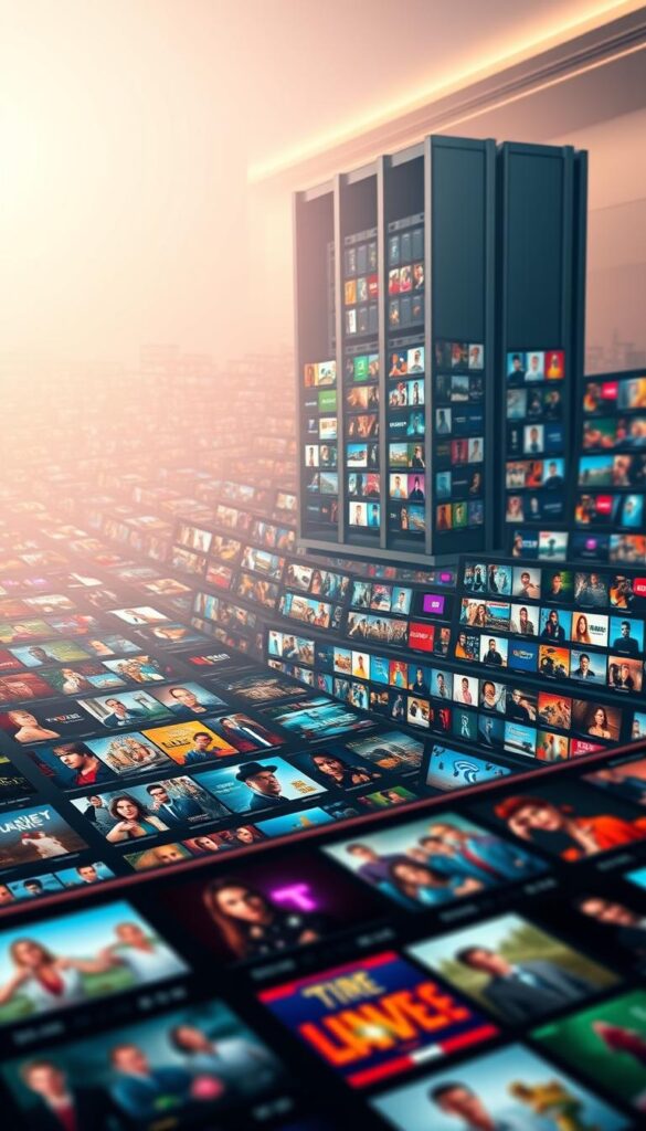 A sprawling digital landscape unfolds, showcasing the expansive content library of Hoxtoon Provider. In the foreground, rows of vibrant thumbnails representing a vast array of movies, TV shows, and live channels captivate the viewer. The middle ground reveals a sleek, intuitive interface, hinting at the ease of navigating this premium IPTV service. In the background, a towering server rack symbolizes the powerful infrastructure that powers Hoxtoon's comprehensive content offerings. Soft, warm lighting illuminates the scene, creating a welcoming and inviting atmosphere. The composition conveys a sense of boundless entertainment possibilities, reflecting the sheer scale and diversity of Hoxtoon's content library.