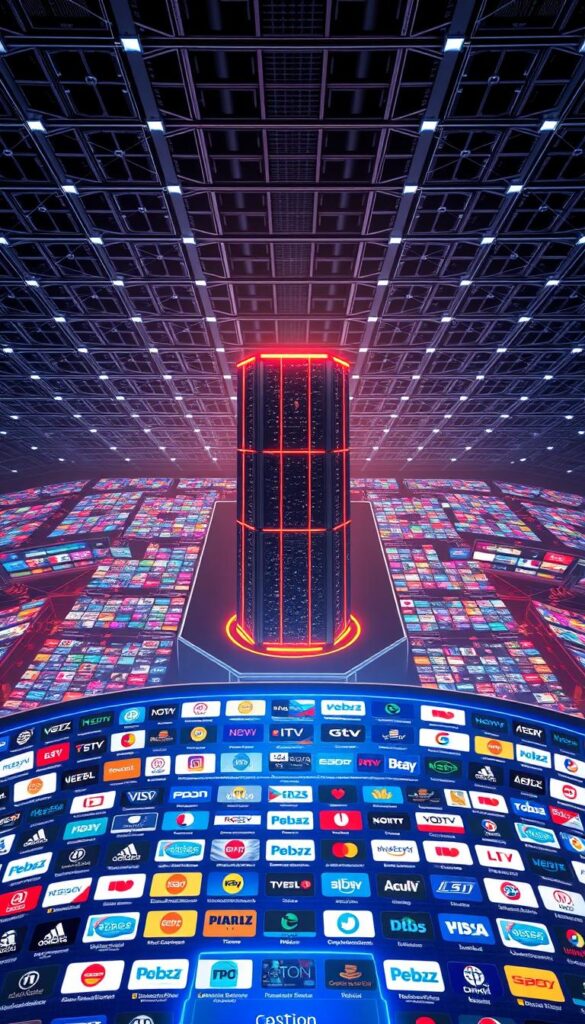 A sprawling, futuristic digital landscape showcasing the Hoxtoon Provider IPTV service. In the foreground, a sleek, minimalist interface displays a dazzling array of over 21,000 TV channels, their logos and icons floating in a halo of cool blue light. The middle ground features a towering virtual datacenter, its servers and racks bathed in a warm, amber glow, symbolizing the robust infrastructure powering the service. In the background, a vast, three-dimensional grid of interconnected nodes and pathways represents the global network that delivers this content to users' fingertips. The overall tone is one of technological sophistication, seamless integration, and limitless entertainment possibilities.