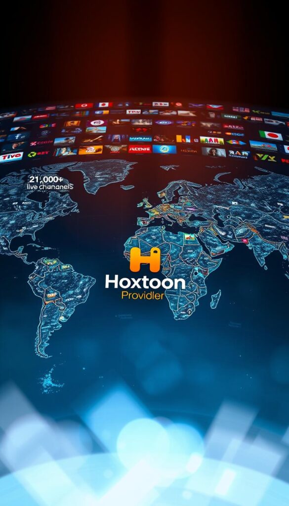 A sprawling global map, illuminated by the vibrant hues of IPTV channels. In the center, the Hoxtoon Provider logo stands out, a beacon of entertainment for the 21,000+ live channels it offers. The map is detailed, showcasing the vast reach of this IPTV subscription service, with continents and countries clearly defined. The scene is bathed in a warm, cinematic lighting, creating a sense of grandeur and accessibility. The image conveys the breadth and scope of the IPTV service, highlighting its worldwide availability and the endless entertainment possibilities it provides.