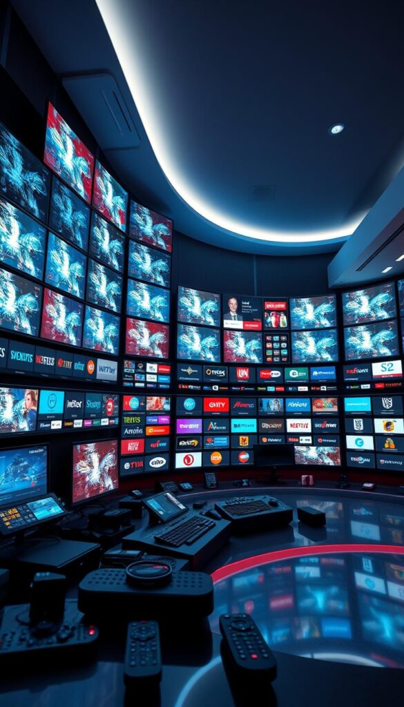 A sprawling, high-tech media hub with rows of screens displaying an extensive array of premium IPTV channels from the Hoxtoon Provider. The scene is bathed in a cool, futuristic glow, with sleek, metallic interfaces and dynamic visualizations pulsing across the displays. In the foreground, a collection of remote controls and other peripherals hint at the user's ability to seamlessly navigate this vast content library. The middle ground showcases dozens of channel logos, representing the diversity of programming available, while the background features a sleek, minimalist architecture with clean lines and subtle ambient lighting, creating an atmosphere of sophistication and technological prowess.