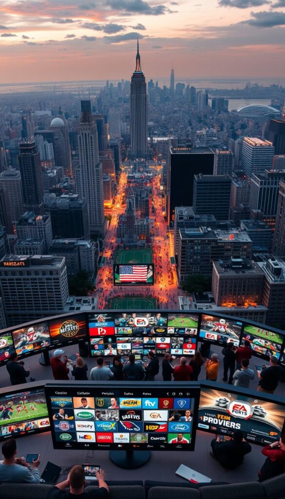 A sprawling landscape of American sports entertainment, featuring the iconic logos and branding of leading IPTV sports channels. In the foreground, a sleek and modern HOXTOON PROVIDER interface showcases a diverse selection of live sporting events, with a vibrant color palette and a sense of energy and dynamism. The middle ground depicts a variety of sports enthusiasts, from passionate fans to seasoned analysts, gathered around screens to enjoy the latest games. In the background, a cityscape with towering skyscrapers and bustling streets sets the stage for this evolving era of sports viewing. Soft, warm lighting illuminates the scene, creating a sense of anticipation and excitement. The overall atmosphere conveys the seamless integration of technology, sports, and the insatiable appetite of American viewers for the thrill of live, high-quality sports entertainment.