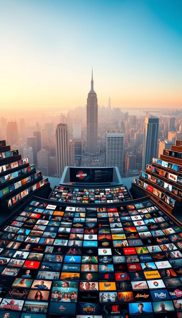 A sprawling library of channels unfolds, showcased by the Hoxtoon Provider. In the foreground, a vast array of vibrant, high-definition thumbnails, each a gateway to an expansive world of entertainment. The middle ground presents a sleek, modern interface, with intuitive navigation and personalized recommendations. In the background, a stunning cityscape backdrop, symbolizing the global reach and diverse content of Hoxtoon's extensive channel library. Warm, soft lighting illuminates the scene, creating an inviting and immersive atmosphere. Captured with a wide-angle lens to convey the sheer scale and depth of the Hoxtoon channel offering.