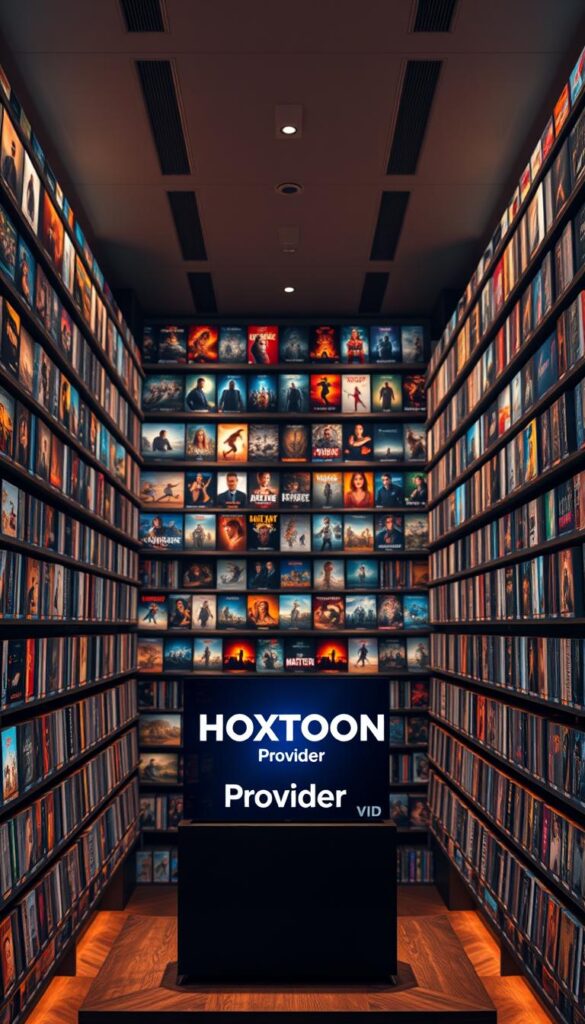 A sprawling library of on-demand entertainment, the HOXTOON VOD Collection presents a vast expanse of cinematic delights. Against a backdrop of sleek, modern shelving, rows of digital movie covers beckon viewers, their vibrant colors and striking artwork illuminated by warm, soft lighting. In the foreground, the Hoxtoon Provider logo stands as a beacon, symbolizing the wealth of content at users' fingertips. Angles shift to showcase the depth and breadth of the collection, highlighting the sheer volume of titles available. An atmosphere of cinematic anticipation pervades the scene, inviting the viewer to explore the boundless possibilities of HOXTOON's on-demand entertainment.
