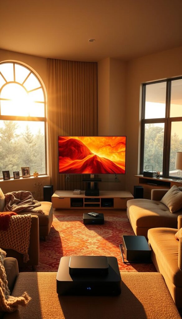 A sprawling living room bathed in warm, golden light from a large window. In the center, a sleek, modern television set, its screen displaying a vibrant, high-definition image. Surrounding the TV, an array of streaming media devices, including the Hoxtoon Provider, a cutting-edge IPTV service that offers a vast selection of live and on-demand content. The room is adorned with plush furniture, cozy throws, and personal mementos, creating a cozy, inviting atmosphere perfect for enjoying the latest in television entertainment.