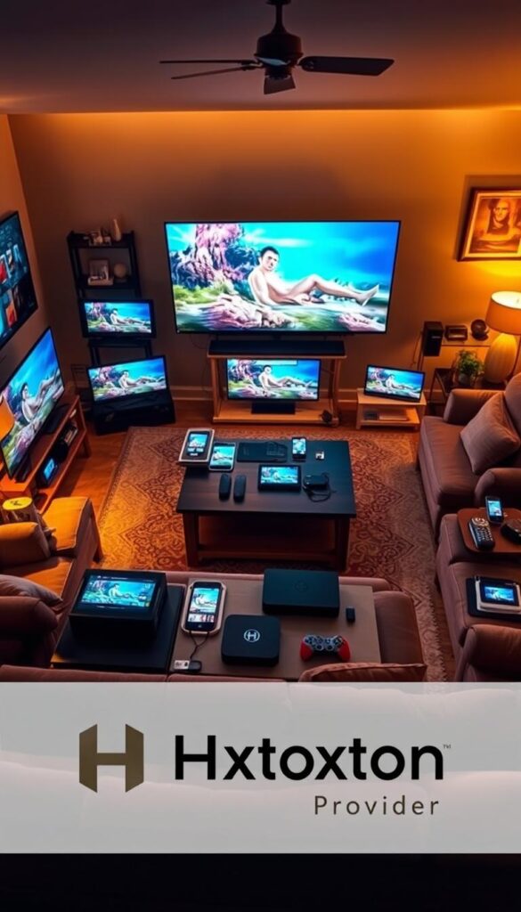A sprawling living room filled with various electronic devices - sleek TVs, tablets, smartphones, and streaming boxes. Warm lighting casts a cozy glow, highlighting the interconnected nature of the setup. In the foreground, a Hoxtoon Provider logo is prominently displayed, signifying its role in powering the multi-device streaming experience. The room is tastefully decorated, with plush furniture and vibrant artwork, creating an inviting atmosphere for enjoying content across multiple screens simultaneously. The scene conveys the convenience and versatility of Hoxtoon's technology, enabling seamless streaming for a household of 6+ devices.