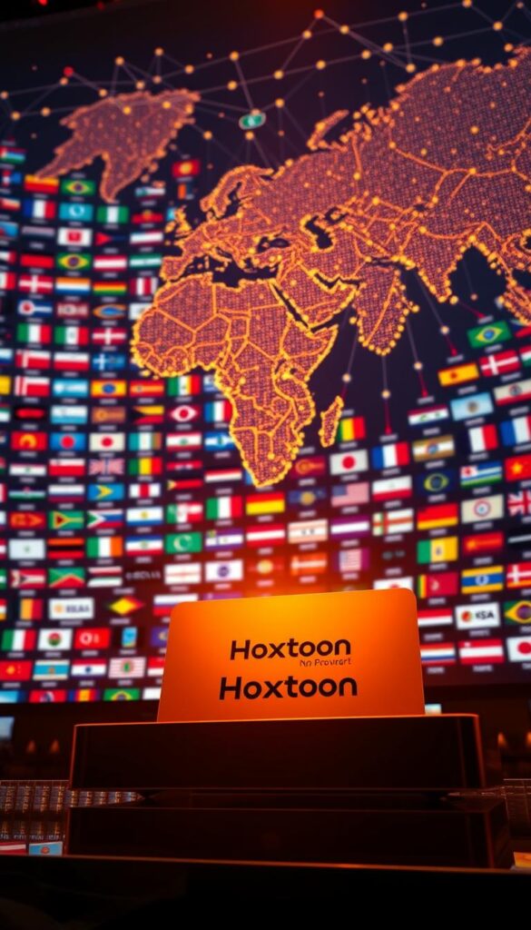 A sprawling network of global channels, illuminated by a warm, golden glow. In the foreground, a sleek, modern set-top box bearing the Hoxtoon Provider logo, surrounded by a diverse array of international content icons. The middle ground showcases a vibrant tapestry of flag-inspired shapes, representing the diverse cultural and linguistic offerings available through the Hoxtoon platform. In the background, a dynamic world map pulsates with interconnected nodes, symbolizing the seamless global connectivity Hoxtoon provides. The scene is captured through a cinematic, wide-angle lens, creating a sense of grandeur and scale. The overall mood is one of excitement, exploration, and the promise of a world of entertainment at your fingertips.