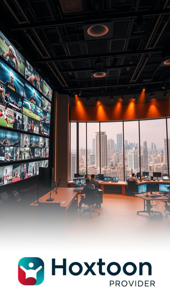 A sprawling sports documentary studio, illuminated by warm, cinematic lighting. In the foreground, a towering wall of monitors displays a mosaic of athletes in action, their stories unfolding on the screens. The middle ground features a sleek, modern control room, with technicians and editors at work, crafting the narratives that captivate audiences. In the background, a panoramic window offers a glimpse of a bustling city skyline, a testament to the global reach of these powerful stories. The Hoxtoon Provider logo discreetly adorns the periphery, a symbol of the platform's commitment to delivering a vast library of on-demand sports content.