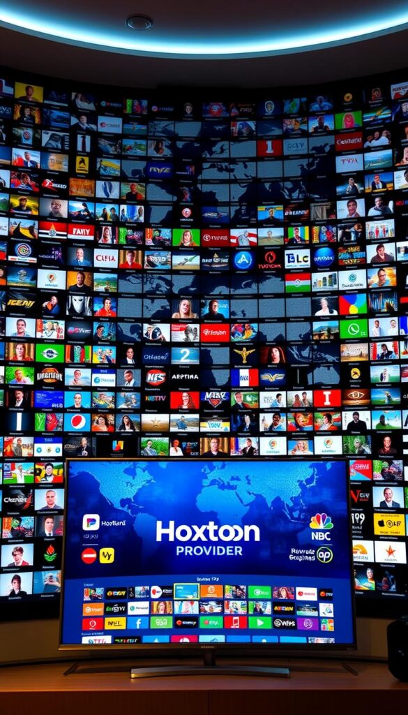A sprawling ultra high-definition IPTV content library, showcasing an expansive array of over 21,000 live channels from across the globe. In the foreground, a sleek, modern user interface displays the Hoxtoon Provider brand, inviting viewers to explore a vast selection of news, sports, movies, and entertainment options. The middle ground features a mosaic of vibrant, high-quality channel thumbnails, hinting at the depth and diversity of the content available. In the background, a stylized world map subtly suggests the global reach and international coverage of the IPTV service. The scene is bathed in a soft, warm lighting, creating a welcoming and immersive atmosphere for the viewer.