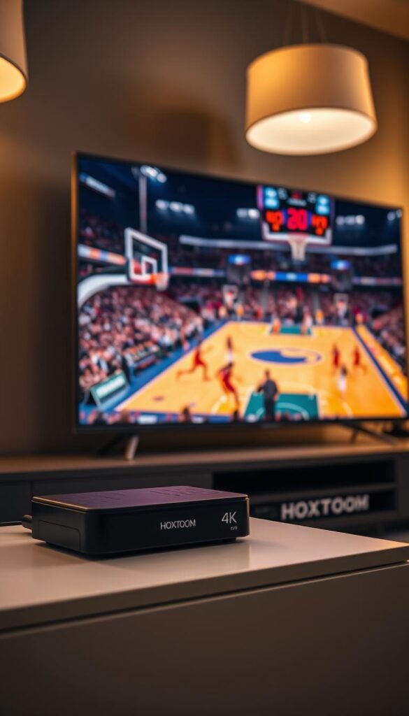 A state-of-the-art sports streaming setup with the Hoxtoon Provider, featuring a sleek 4K television displaying a thrilling basketball game in vivid detail. The lighting is warm and cinematic, with strategically placed lamps illuminating the scene. The camera is positioned at an angle that captures the intensity of the action, showcasing the sharp graphics and smooth frame rate. In the foreground, a modern, minimalist media console houses the Hoxtoon streaming device, seamlessly integrated into the overall design. The background is blurred, emphasizing the focus on the high-quality streaming experience.