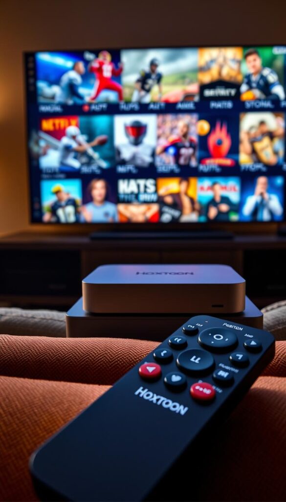 A striking, cinematic image of the "Hoxtoon Provider" IPTV service. In the foreground, a sleek, modern remote control with the Hoxtoon logo prominently displayed. The middle ground features a state-of-the-art streaming device, its clean lines and premium materials exuding quality. In the background, a vibrant, high-resolution display showcases a diverse array of entertainment options, from live sports to the latest blockbuster movies. The lighting is soft and warm, creating a cozy, inviting atmosphere. The composition is balanced and visually striking, conveying the reliability, versatility, and premium nature of the Hoxtoon IPTV service.