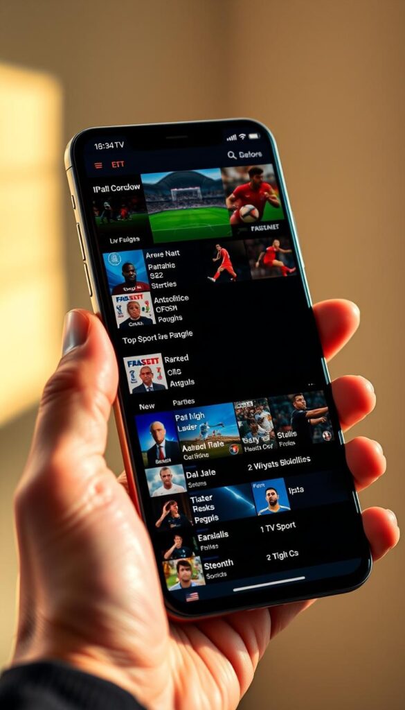 A striking close-up image of a curated IPTV sports channels list displayed on a sleek, modern smartphone screen. The display showcases a diverse array of live sports events, with vivid icons and clear channel titles. Warm, natural lighting illuminates the scene, creating a sense of quality and professionalism. The smartphone is held in a minimalist, ergonomic grip, highlighting the Hoxtoon Provider branding subtly integrated into the design. The overall composition conveys the comprehensive, user-friendly nature of the Hoxtoon IPTV sports channels list m3u, reflecting the premium quality and attention to detail that defines the Hoxtoon Provider experience.