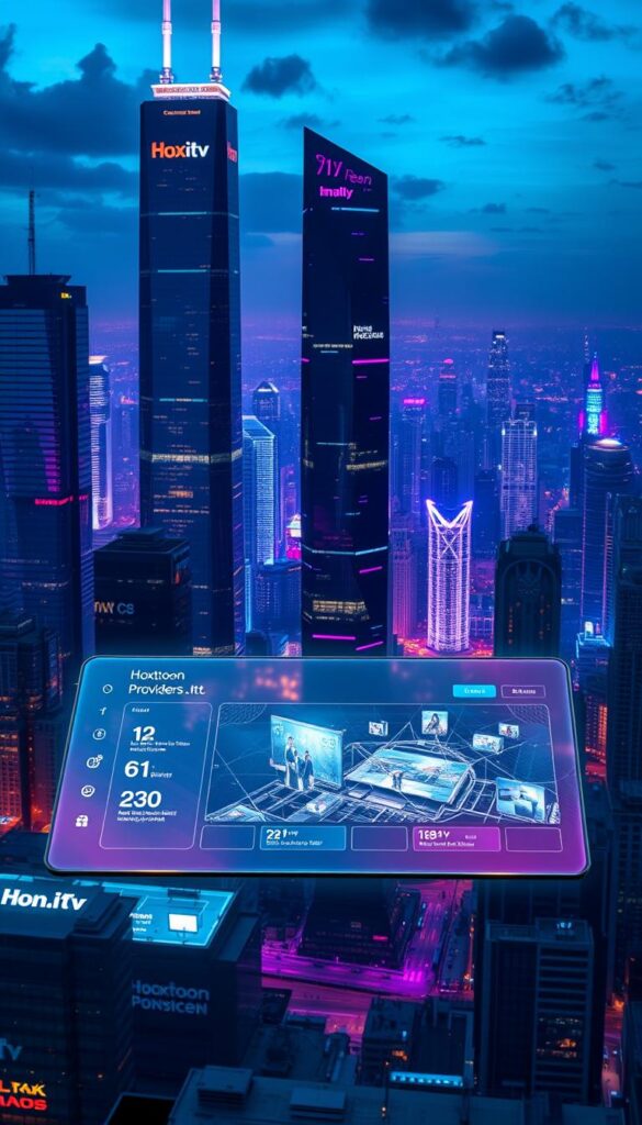 A striking futuristic cityscape at night, with towering skyscrapers and holographic displays showcasing the advancements of IPTV technology. In the foreground, a sleek, minimalist Hoxtoon Provider interface hovers, its intuitive design and cutting-edge features hinting at the seamless streaming experiences of the future. The middle ground is alive with holograms, 3D projections, and immersive AR overlays, demonstrating the integration of IPTV with emerging technologies. The background is a panoramic view of the city, bathed in a vibrant, neon-tinged glow, symbolizing the boundless potential of IPTV to revolutionize the way we consume and interact with content.