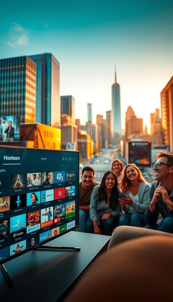A striking image of the Hoxtoon Provider service, showcasing its cutting-edge IPTV technology. In the foreground, a sleek and modern user interface displays a diverse selection of live TV channels and on-demand content, the Hoxtoon logo prominently featured. The middle ground features a group of satisfied customers, each immersed in their preferred entertainment, conveying the reliable and seamless experience Hoxtoon provides. In the background, a cityscape of towering skyscrapers and bustling streets sets the scene, highlighting Hoxtoon's position as the leading IPTV provider in the USA. The lighting is warm and inviting, creating a sense of comfort and accessibility, while the camera angle provides a dynamic and engaging perspective, drawing the viewer into the scene.