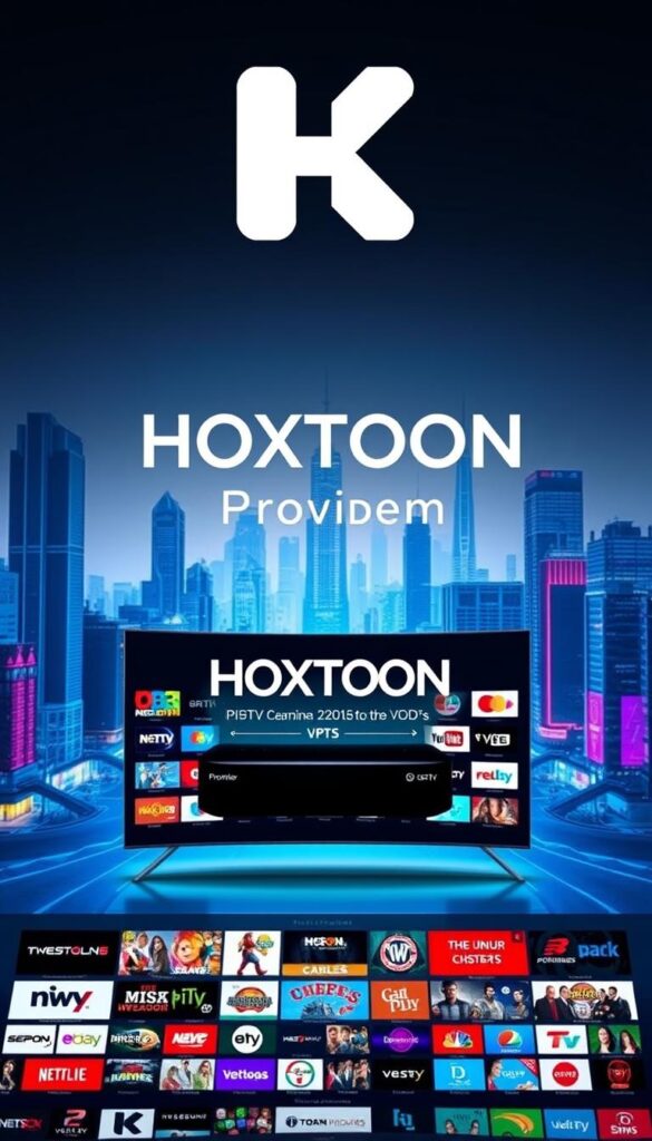 A striking, sleek digital landscape showcasing the premium HOXTOON IPTV Provider service. In the foreground, a bold, minimalist logo for "Hoxtoon Provider" hovers above a grid of vibrant, high-definition channel icons. The middle ground features a clean, modern interface displaying the vast content library of 21K+ channels and 150K+ VODs. In the background, a futuristic cityscape of towering digital skyscrapers and neon-lit streets sets the tone of innovation and advanced technology. Bathed in a cool, blue-hued lighting, the scene conveys a sense of sophistication and seamless digital entertainment. The overall composition emphasizes Hoxtoon's comprehensive IPTV offering and its position as America's premier service.