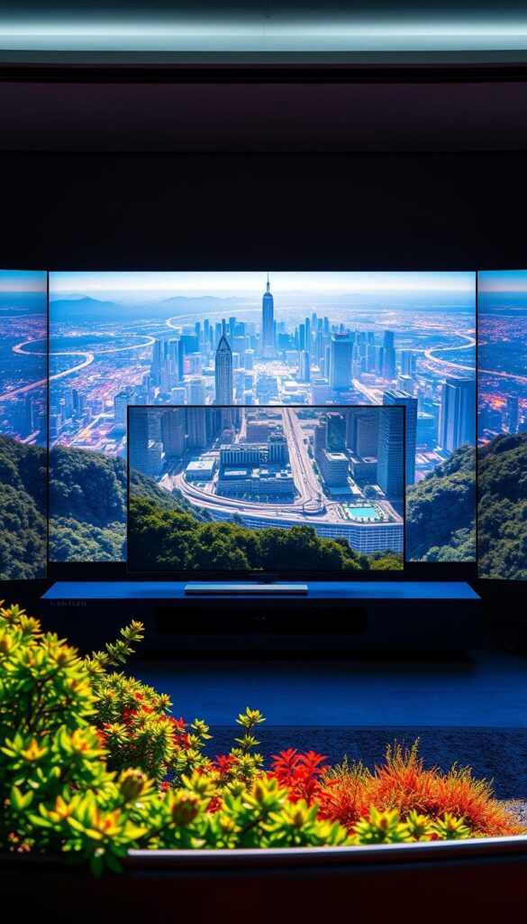 A stunning 4K landscape showcasing the power of Hoxtoon Provider's premium IPTV service. In the foreground, a vibrant and detailed display showcases the rich, high-definition visuals of a nature scene, with crisp textures and vibrant colors. The middle ground features a sleek, modern entertainment system, casting a warm glow and highlighting the advanced streaming capabilities. In the background, a panoramic view of a futuristic cityscape shimmers with the clarity of 4K resolution, creating a sense of immersion and technological innovation. The scene is illuminated by natural, directional lighting, casting dramatic shadows and highlighting the depth and dimensionality of the image. An atmosphere of premium quality, high performance, and cutting-edge technology permeates the entire composition.
