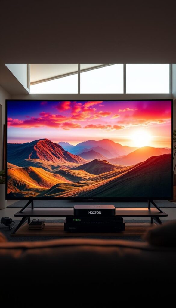A stunning 8K resolution landscape showcasing pristine video quality. The foreground features a high-definition TV screen displaying vibrant, ultra-sharp streaming content from the Hoxtoon Provider service. Soft, directional lighting illuminates the sleek, modern TV design. In the middle ground, a neatly organized home entertainment setup, including a state-of-the-art streaming device and high-speed internet router. The background depicts a cozy, minimalist living room with large windows allowing natural light to pour in, creating a warm, inviting atmosphere perfect for immersive viewing experiences.